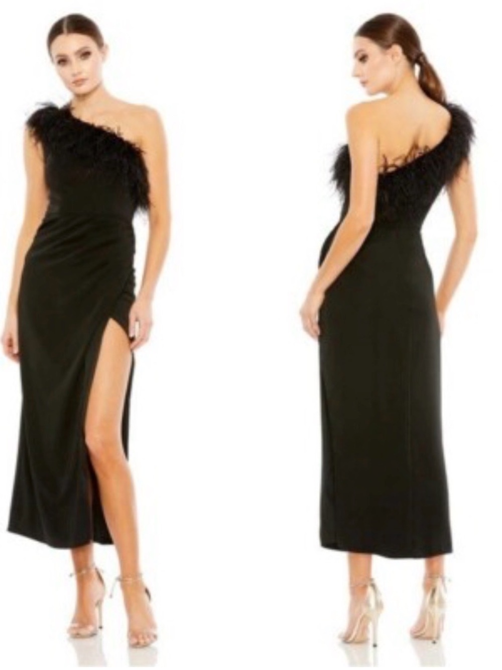 NWT Mac Duggal Black One Shoulder Faux Wrap Dress Feather Trim Collar Sz 2